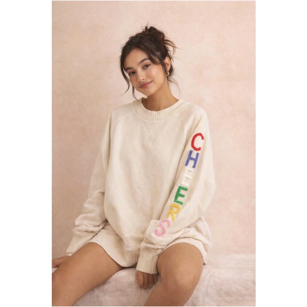 Aerie Cream Crewneck Sweatshirt Rainbow Cheers Sleeve Size XXL